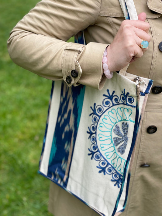 Handmade ikat, embroidered eco handbag